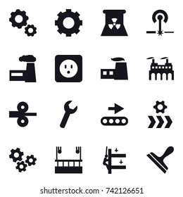 16 vector icon set : gear, nuclear power, laser, factory, power socket, gears, skyscraper cleaning, skyscrapers cleaning, scraper