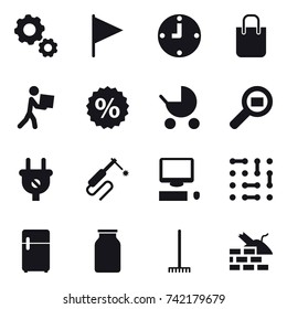 16 vector icon set : gear, flag, clock, shopping bag, courier, percent, baby stroller, rake, construct garbage