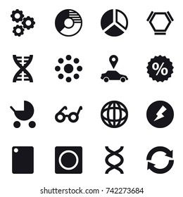 16 vector icon set : gear, circle diagram, diagram, hex molecule, dna, round around, car pointer, percent, baby stroller, electricity, cutting board, ring button, reload