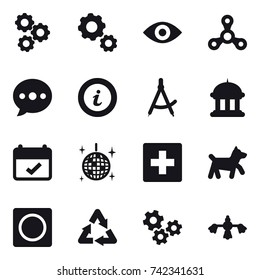 16 vector icon set : gear, eye, spinner, ballon, info, draw compass, goverment house, disco ball, first aid, dog, ring button, gears, hard reach place cleaning