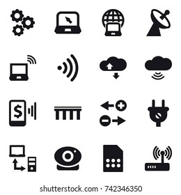 16 vector icon set : gear, notebook, notebook globe, satellite antenna, notebook wireless, wireless, cloude service, cloud wireless, mobile pay, bridge