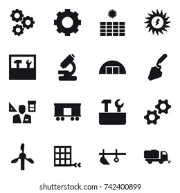 16 vector icon set : gear, sun power, tools, hangare, construction, architector, repair tools, plow, sweeper