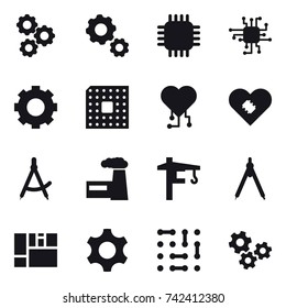 16 vector icon set : gear, chip, cpu, cardio chip, draw compass, factory, tower crane, drawing compass, gears