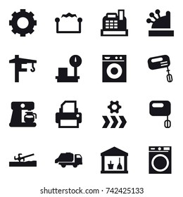 16 vector icon set : gear, electrostatic, cashbox, tower crane, washing machine, mixer, coffee maker, soil cutter, trash truck, utility room