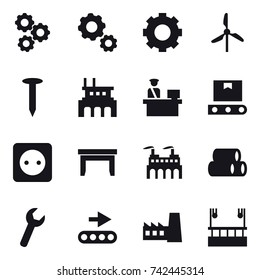 16 vector icon set : gear, windmill, nail, factory, power socket, table, skyscapers cleaning