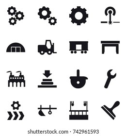 16 vector icon set : gear, laser, hangare, table, plow, skyscapers cleaning, scraper