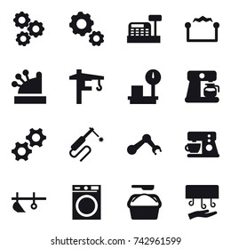 16 vector icon set : gear, cashbox, electrostatic, tower crane, coffee maker, plow, washing machine, washing powder, hand dryer
