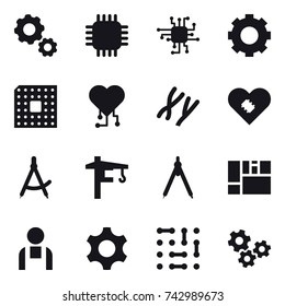 16 vector icon set : gear, chip, cpu, cardio chip, draw compass, tower crane, drawing compass, gears