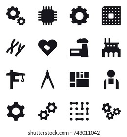 16 vector icon set : gear, chip, cpu, factory, tower crane, drawing compass, gears