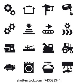 16 vector icon set : gear, electrostatic, tower crane, mixer, soil cutter, harvester, tractor, trash truck, washing machine, washing powder, hand dryer