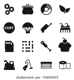 16 vector icon set : gear, purse, circle diagram, suitcase, harvester, vacuum cleaner, sponge, toilet paper