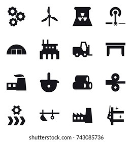 16 vector icon set : gear, windmill, nuclear power, laser, hangare, factory, table, plow, skyscrapers cleaning