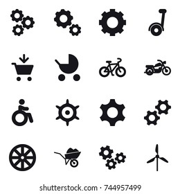 16 vector icon set : gear, segway, add to cart, baby stroller, bike, motorcycle, invalid, handwheel, wheel, wheelbarrow, gears, windmill