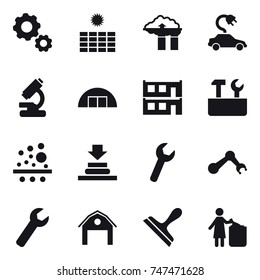 16 vector icon set : gear, sun power, factory filter, electric car, hangare, modular house, repair tools, wrench, barn, scraper, garbage bin