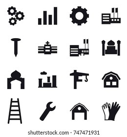 16 vector icon set : gear, graph, store, nail, mall, minaret, city, tower crane, house, stairs, wrench, barn, gloves