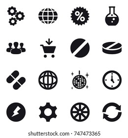16 vector icon set : gear, globe, percent, round flask, group, add to cart, disco ball, watch, electricity, wheel, reload