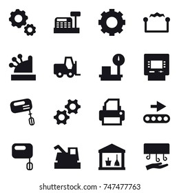 16 vector icon set : gear, cashbox, electrostatic, atm, mixer, harvester, utility room, hand dryer