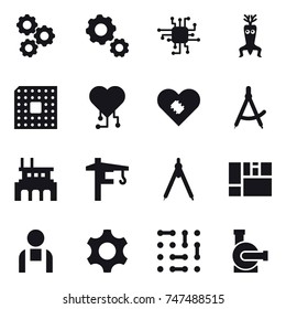 16 vector icon set : gear, chip, dna modify, cpu, cardio chip, draw compass, factory, tower crane, drawing compass, water pump