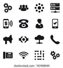 16 vector icon set : gear, group, round around, server, phone pay, mobile checking, loudspeaker, gears