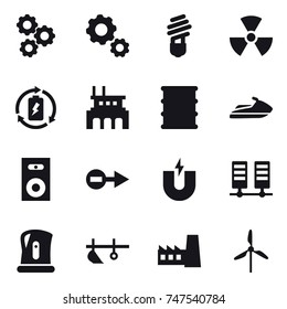 16 vector icon set : gear, bulb, nuclear, battery charge, factory, jet ski, speaker, kettle, plow, windmill