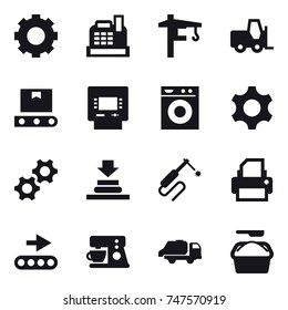 16 vector icon set : gear, cashbox, tower crane, atm, washing machine, trash truck, washing powder