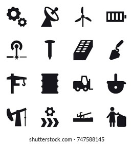 16 vector icon set : gear, satellite antenna, windmill, battery, laser, nail, brick, construction, tower crane, soil cutter, garbage bin