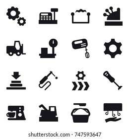 16 vector icon set : gear, cashbox, electrostatic, mixer, harvester, washing powder, hand dryer