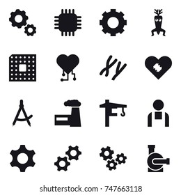 16 vector icon set : gear, chip, dna modify, cpu, cardio chip, draw compass, factory, tower crane, gears, water pump
