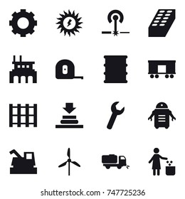 16 vector icon set : gear, sun power, laser, brick, factory, measuring tape, harvester, windmill, sweeper, garbage bin