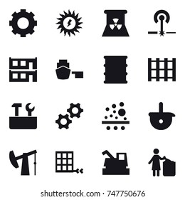 16 vector icon set : gear, sun power, nuclear power, laser, modular house, repair tools, harvester, garbage bin