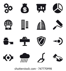 16 vector icon set : gear, money bag, presentation, diagram, notebook globe, skyscrapers, skyscraper, repair, restaurant, shield, rain cloud, scoop, wiping