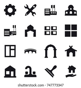 16 vector icon set : gear, pencil wrench, store, mansion, mall, minaret, panel house, window, bridge, arch, bungalow, home, water tap, scraper, housing