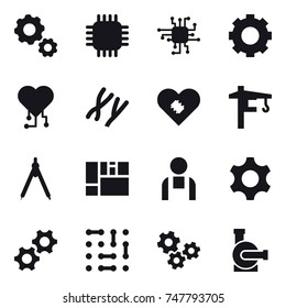 16 vector icon set : gear, chip, cardio chip, tower crane, drawing compass, gears, water pump