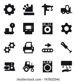 16 vector icon set : gear, cashbox, tower crane, atm, washing machine, tractor, hand dryer