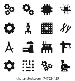 16 vector icon set : gear, chip, dna modify, cpu, draw compass, factory, tower crane, gears, water pump
