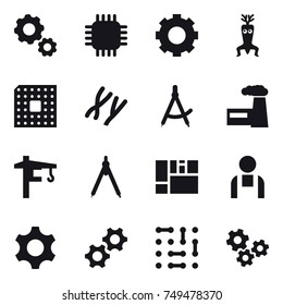 16 vector icon set : gear, chip, dna modify, cpu, draw compass, factory, tower crane, drawing compass, gears
