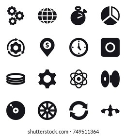 16 Vector Icon Set : Gear, Globe, Stopwatch, Diagram, Around Gear, Dollar Pin, Watch, Ring Button, Inflatable Pool, Wheel, Reload, Hard Reach Place Cleaning