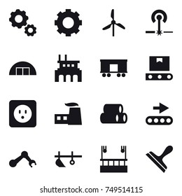 16 vector icon set : gear, windmill, laser, hangare, factory, power socket, plow, skyscapers cleaning, scraper