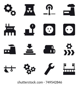 16 vector icon set : gear, nuclear power, laser, factory, power socket, plow, gears, wrench, skyscapers cleaning
