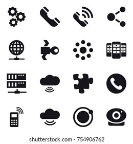 16 vector icon set : gear, phone, call, molecule, globe connect, satellite, round around, server, cloud wireless, puzzle