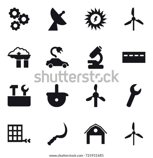 16 vector icon set : gear, satellite antenna, sun\
power, windmill, factory filter, electric car, bunker, repair\
tools, sickle, barn
