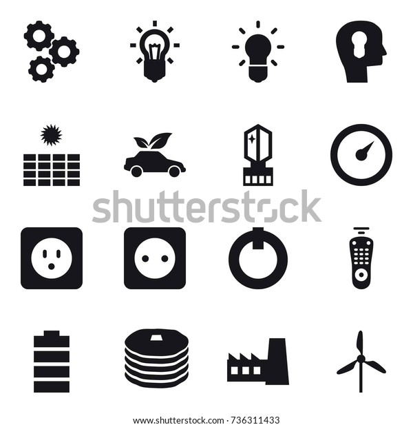 16 vector icon set : gear, bulb, bulb head, sun\
power, eco car, crystall  memory, barometer, power socket, factory,\
windmill