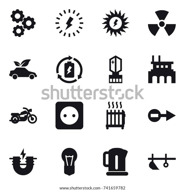 16 vector icon set : gear,\
lightning, sun power, nuclear, eco car, battery charge, crystall \
memory, factory, motorcycle, power socket, radiator, kettle,\
plow