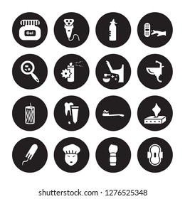 16 vector icon set : Gel, Shaving brush, Shower cap, Tampon, Tissue, Sanitary napkin, Bacteria, Toothpick, Wax isolated on black background