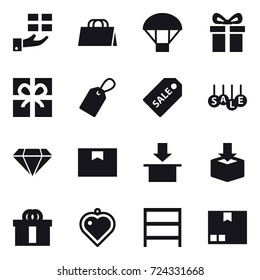 16 vector icon set : gift, shopping bag, parachute, gift, gift, label, sale label, sale, diamond, heart pendant, rack, package