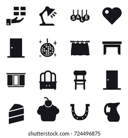 16 vector icon set : gift, table lamp, sale, heart, door, disco ball, curtain, table, wardrobe, dresser, chair, horseshoe, jug