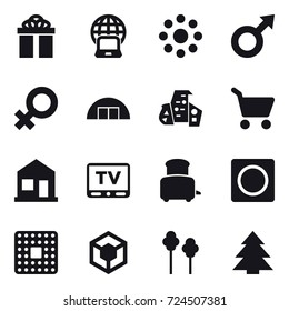 16 vector icon set : gift, notebook globe, round around, hangare, modern architecture, cart, home, tv, toaster, ring button, trees, spruce