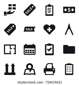 16 vector icon set : gift, sale, clipboard, money, sale label, drawing compass, plan, map, clipboard list