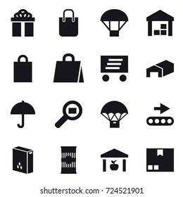 16 vector icon set : gift, shopping bag, parachute, warehouse, delivery, package