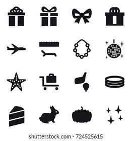16 vector icon set : gift, bow, plane, lounger, hawaiian wreath, disco ball, starfish, baggage trolley, golf, inflatable pool, rabbit, pumpkin, shining